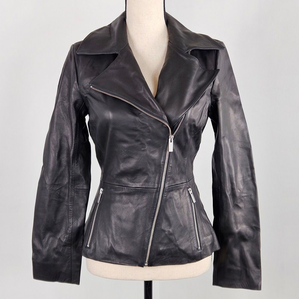 Babaton Maverick Leather Jacket Womens Small Black Asymmetric Zip Biker FLAW